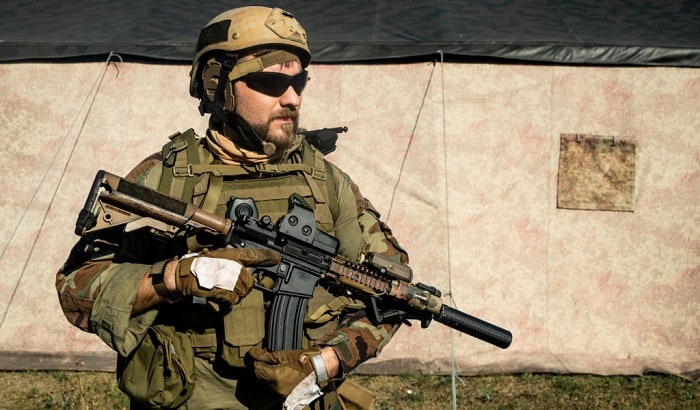 Premium Photo  Close up of military operator wearing oakley style  sunglasses